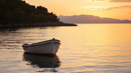 Naklejka premium Serene Sunset Over Calm Waters with Docked Boat and Distant Hills : Generative AI