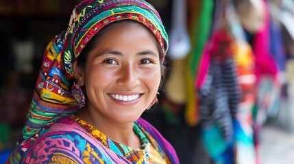Obraz premium Smiling Woman in Vibrant Traditional Guatemalan Attire at Colorful Market : Generative AI