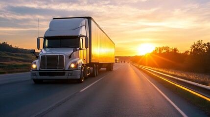 White Semi Truck Driving on Highway at Sunset with Glowing Sky : Generative AI