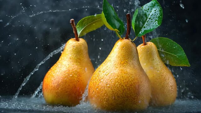 Fresh pears splashed with water against a dark background for vibrant culinary presentation, Fresh pears with water splash on dark background