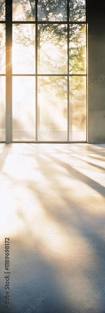 Aufkleber Golden Sunlight Filters Through Window Casting Warm Glow on Empty Room Floor : Generative AI