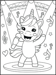 Printable Unicorn coloring page for kids. a cute unicorn singing. Adorable unicorn cartoon characters for children's activity books.  © laky
