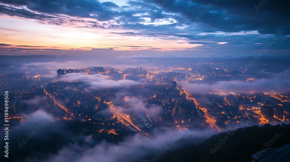 Poster Stunning Aerial View of Cityscape with Twilight Clouds and Illuminated Streets : Generative AI