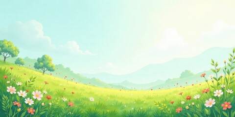 Fototapeta premium Serene Spring Meadow Landscape Rolling Hills, Vibrant Blossoms, and Lush Green Grass Under a Gentle Sky
