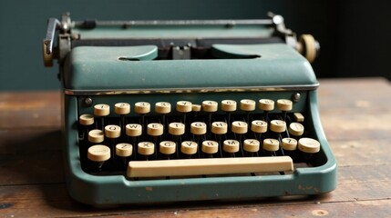 A Vintage Teal Typewriter on a Wooden Surface, Ready for Stories to be Typed