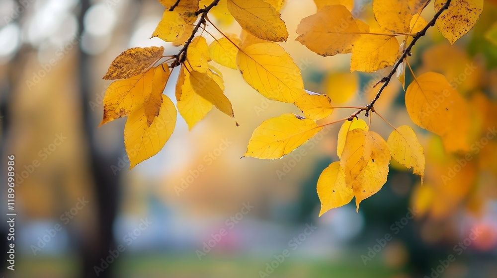 Poster vibrant yellow autumn leaves on branch with soft focus background : generative ai