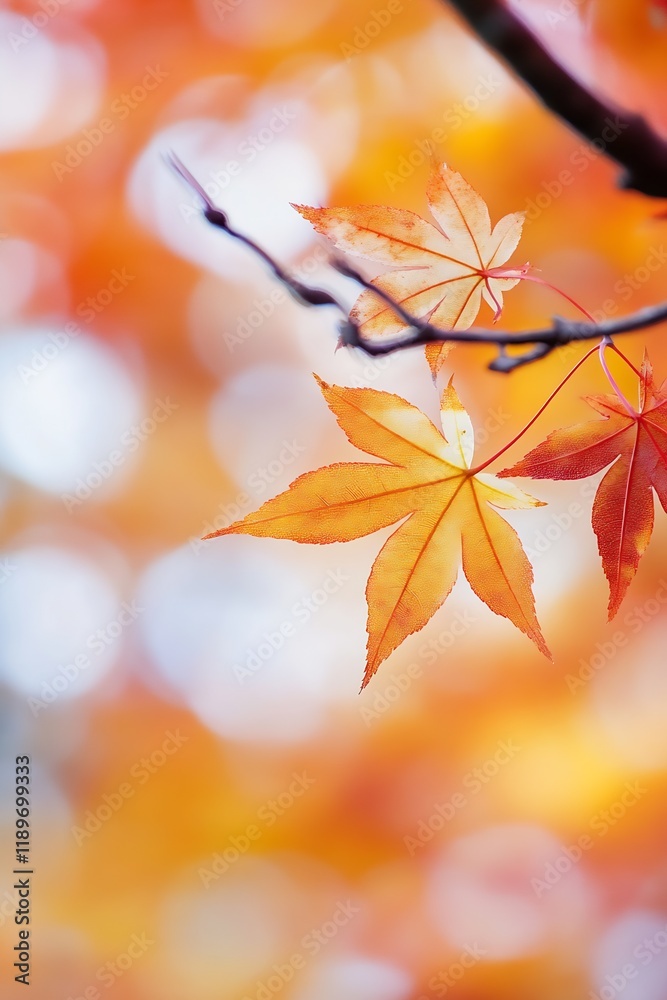 Aufkleber closeup of three vibrant autumn leaves against a blurred background : generative ai
