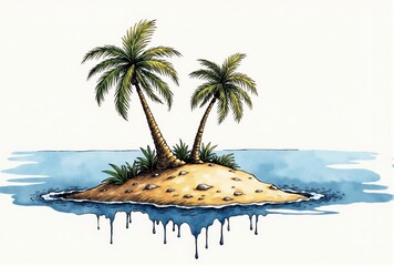 Illustration of Small Island with Two Palm Trees and Submerging Water
