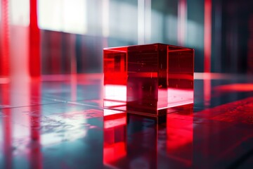 Transparent red cube sits on a reflective surface in a modern, abstract environment with red highlights
