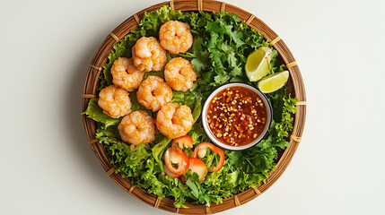 Shrimp platter with chili sauce garnished with herbs and lime