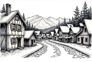 Black and White Illustration of a Snow-Covered Mountain Village