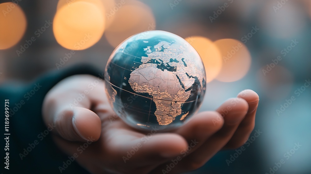 Poster person holding a crystal clear transparent globe symbolizing global connections : generative ai