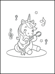 Printable Unicorn coloring page for kids. a cute unicorn playing guitar. Adorable unicorn cartoon characters for children's activity books.
