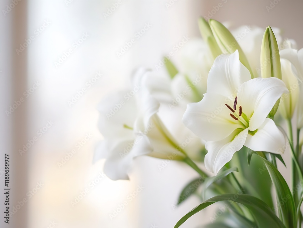 Poster Elegant White Lilies in Soft Natural Light Creating a Serene and Peaceful Atmosphere : Generative AI