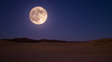 Full Moon Illuminating Tranquil Desert Landscape and Night Sky Horizon : Generative AI