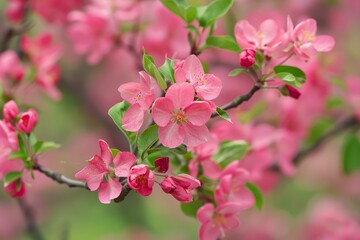 Fototapeta premium Pink flowers blooming on branches create a beautiful spring scene