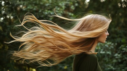 Woman with long blonde hair blowing in the wind outdoors.