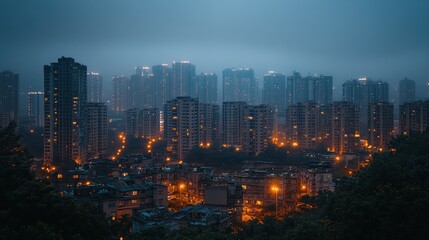 Obraz premium Cityscape at twilight, hazy, urban sprawl.