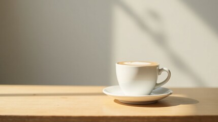 Obraz premium Aromatic Coffee in a White Cup on a Wooden Table Basking in Sunlight