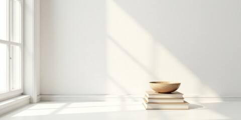 Serene Minimalist Room Corner Featuring a Wooden Bowl Resting on Stacked Books, Bathed in Soft Sunlight