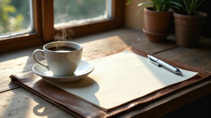 Aromatic Coffee Beside Blank Paper and Pen on Leather Pad in Sunlit Room