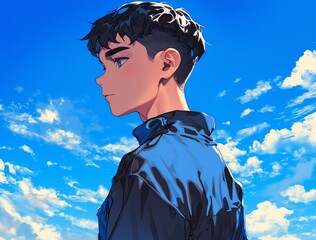 A boy wearing a black shirt gazing at the sky, with a thoughtful or serene expression.