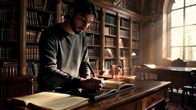 A Middle Eastern Man Writes in a Grand Library Filled with Books and Natural Light