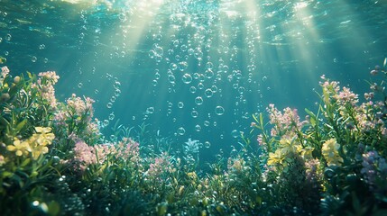 Obraz premium Underwater scene with sunbeams, bubbles, and colorful plants.