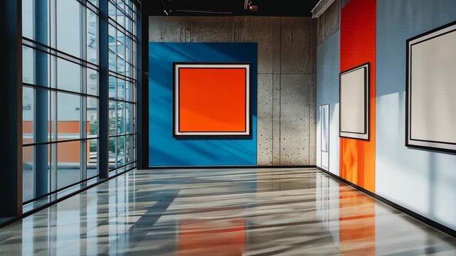 Bright modern art gallery showcasing empty frames against vibrant wall colors, Empty frames in bright, modern art gallery