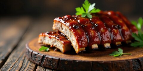Succulent BBQ Ribs Glazed with Sweet and Savory Sauce, Perfectly Cooked and Served on Rustic Wooden Board with Fresh Herbs
