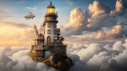 Enchanting lighthouse in the clouds with a whimsical airship above
