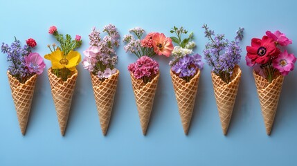 Colorful floral arrangements in waffle cones on light blue background