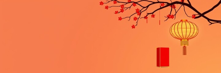 Chinese Lanterns Festive Hanging from Autumn Branch against Orange Background with Copy Space