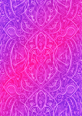Hand-drawn abstract vertical ornament. Neon gradient (plastic pink to proton purple) background and glowing pattern on it. Cloth texture. Digital artwork, A4. (pattern: p08-2d)