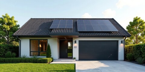 Modern sustainable home design with solar panels on a tiled roof, showcasing sleek architectural details and landscaping