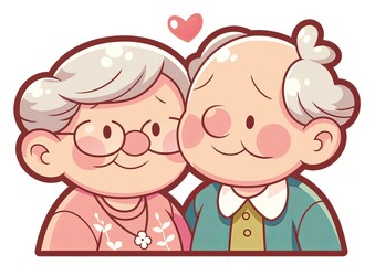 Fototapeta premium Cartoon drawing of an elderly couple in clip art style on a transparent background. The man, with short gray hair and glasses, wears a blue sweater vest over a green shirt.