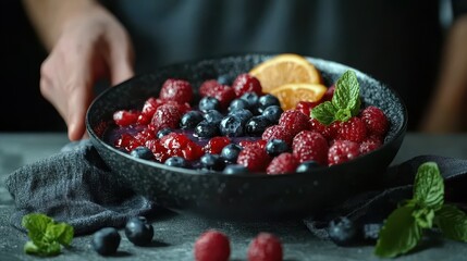 Fresh berry bowl with raspberries, blueberries, and orange slices