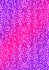 Hand-drawn abstract vertical ornament. Neon gradient (plastic pink to proton purple) background and glowing pattern on it. Cloth texture. Digital artwork, A4. (pattern: p09d)