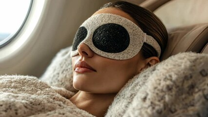 Relaxed woman resting on airplane in comfortable sleep mask - Powered by Adobe