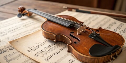 Fototapeta premium Violin resting on sheet music with a classic wooden aesthetic in a cozy setting