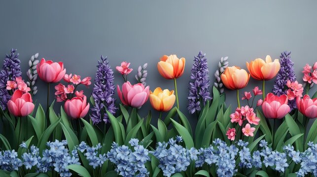 Colorful spring flowers in bloom against a gray background