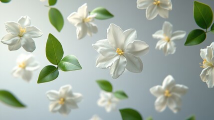 Fototapeta premium Elegant white jasmine flowers and green leaves floating on a light background