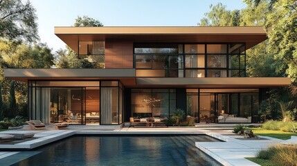 Modern luxury home with pool and large windows.