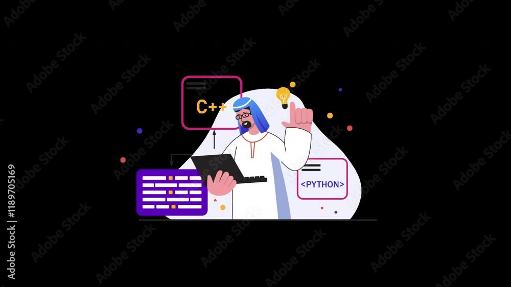 Poster an asian man in traditional attire teaches programming concepts like python and c against a colorful