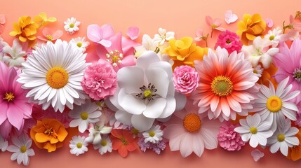 Vibrant floral arrangement with colorful daisies, roses, and magnolias on pink background