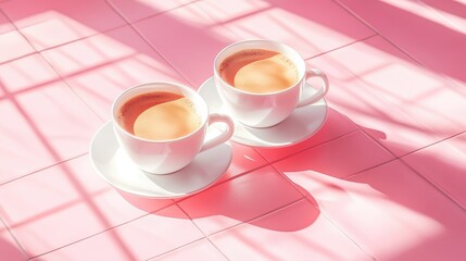 Two cups of coffee on pink tiled surface with shadows