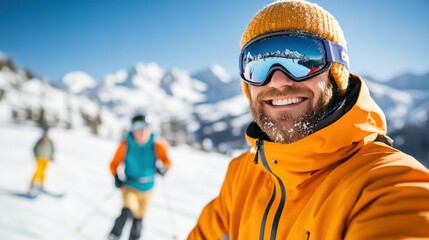 Ski instructor guides enthusiastic beginners on a sunny mountain slope