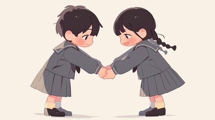Fototapeta premium Chibi-style simple drawing of two characters, a boy with black hair and a girl in a white sweater, smiling at each other. 