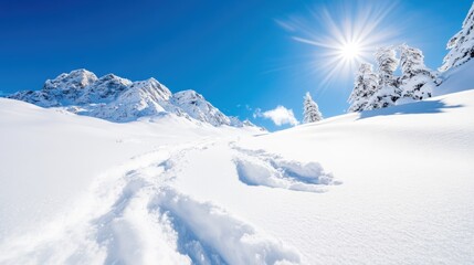 Snowboarder carves fresh tracks in untouched powder under bright sun