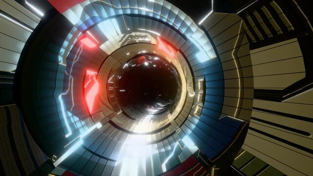 The seamless looping animation of walking through the futuristic and sci-fi cyclic transportation or quantum accelerator or circular space station created 3D rendered.